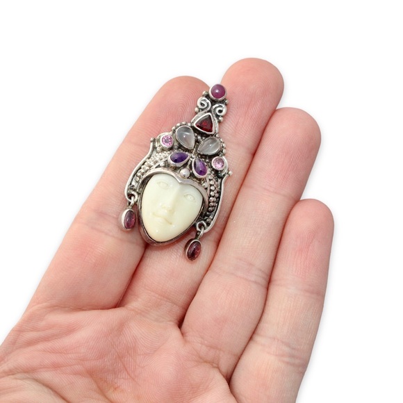 Sajen Goddess Face Pendant Brooch Sterling Silver Ruby Tourmaline Garnet & More - Picture 3 of 5